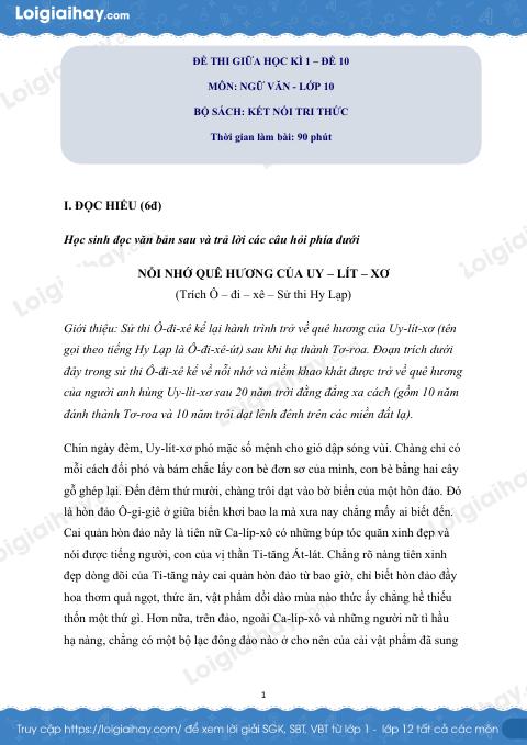 Đề thi giữa kì 1 Văn 10 Kết nối tri thức - Đề số 10
